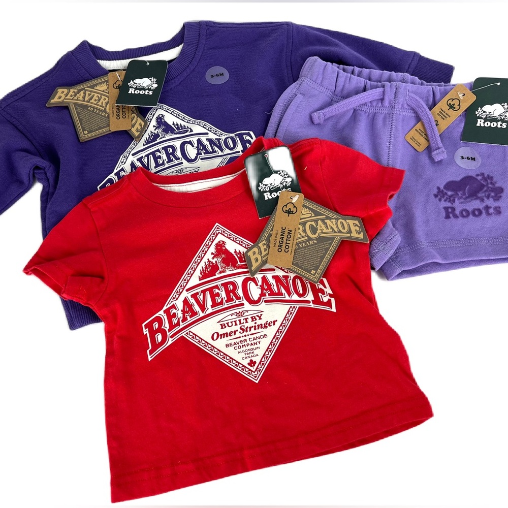 Roots Beaver Canoe Infants Gift Lot size 3-6 mos Purple bonus red Tee sz 0-3 mos